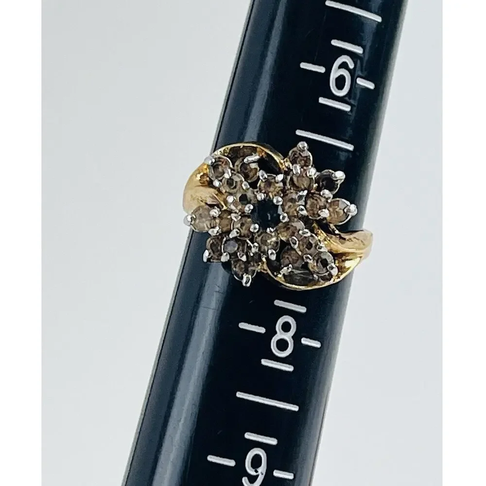 18K HGE Vintage Flower Cocktail Cluster Rhinestone Ring Size 7 citrine look blue